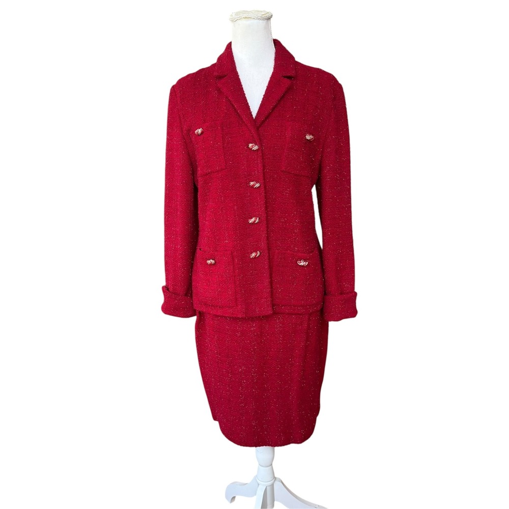 St John Couture Red Boucle Knit Skirt Suit Blazer Set Metallic Size 8 4